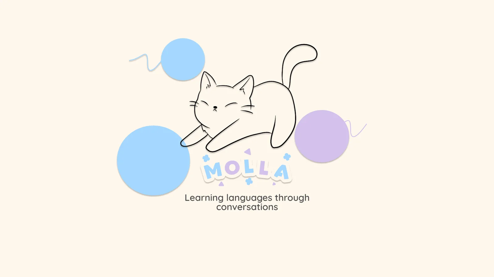 Molla logo: a line drawing of a sleeping cat with pastel blue and purple yarn balls, above the words Learning languages through conversations.
