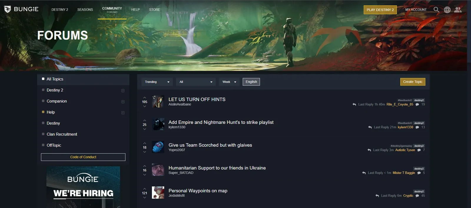 Bungie's game forums: a banner, a category sidebar on the left and a list of topics.
