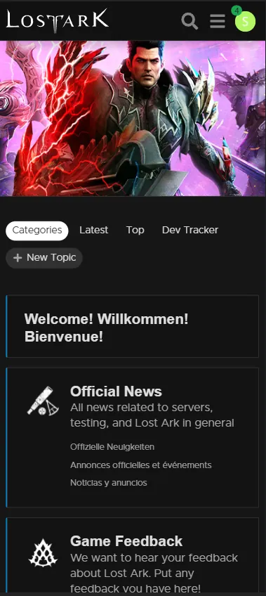 The current Lost Ark forums mobile home page: a large character banner, small category tabs and stacked category cards such as Official News and Game Feedback.