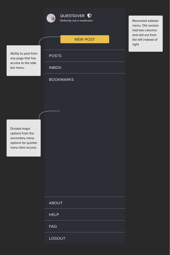 Redesigned side menu with a New Post button, then Posts, Inbox and Bookmarks. Notes: the menu was reworked from two columns into one, and secondary options are grouped at the bottom.