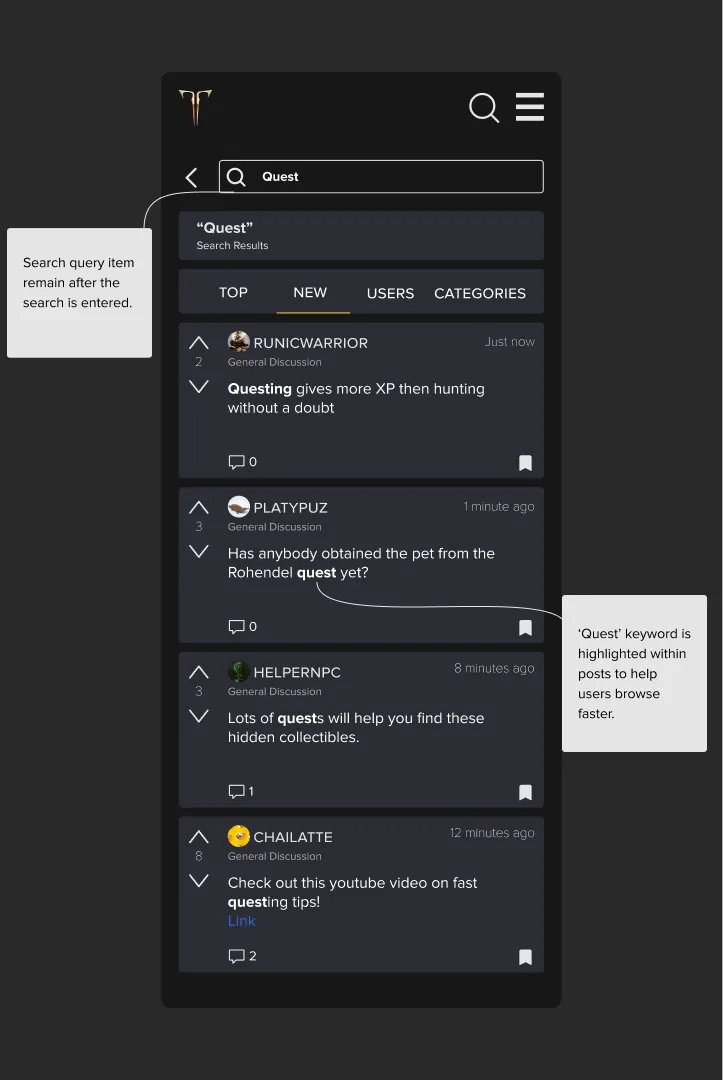 Search results for the word Quest with tabs for top, new, users and categories. Notes: the search query stays visible, and the keyword is highlighted in each result.