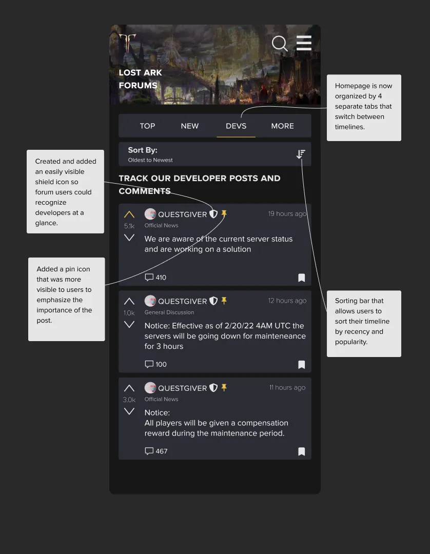 Redesigned home page on the Devs tab. Notes: the home page is now organized by 4 tabs, developer posts carry an easily visible badge, a pin icon marks important posts, and a sort bar orders posts by recency or popularity.