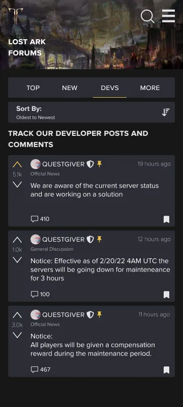 Home page on the Devs tab, listing developer posts and comments.