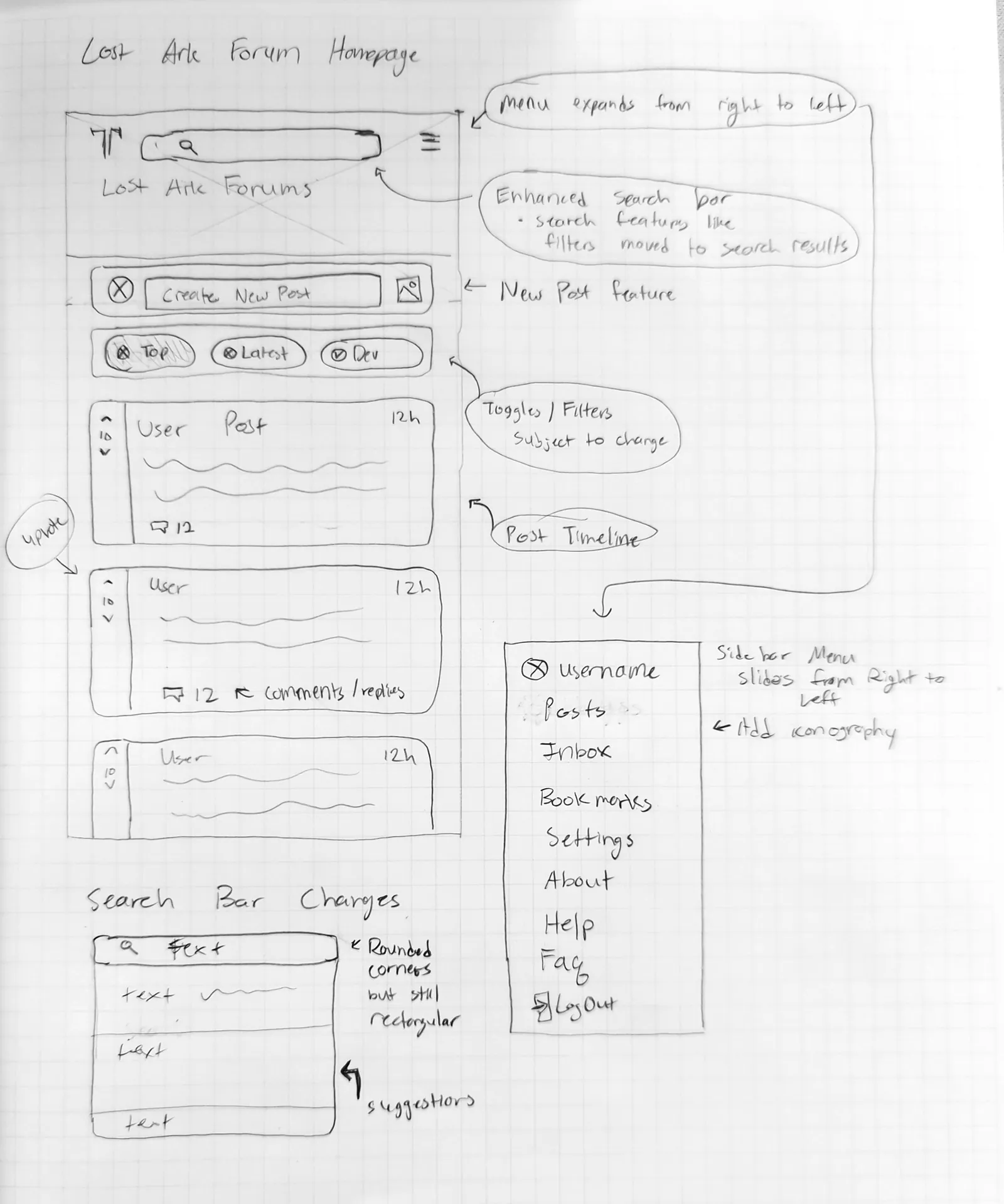 Pencil sketch of the forum home page with a search bar, filter toggles, posts and a side menu.
