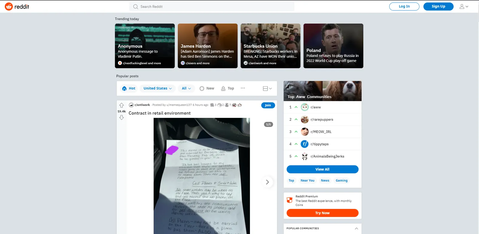 Reddit's desktop layout: trending posts across the top, a post feed in the middle and community details on the right.