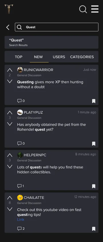 Search results for Quest on the New tab, with the keyword highlighted in each post.