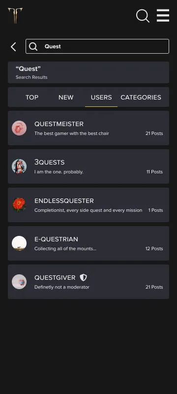 Search results for Quest on the Users tab, listing matching user profiles.