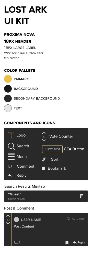 Lost Ark UI kit: Proxima Nova type sizes, a yellow, black and white color palette, icons for search, menu, votes, comments and bookmarks, and post components.
