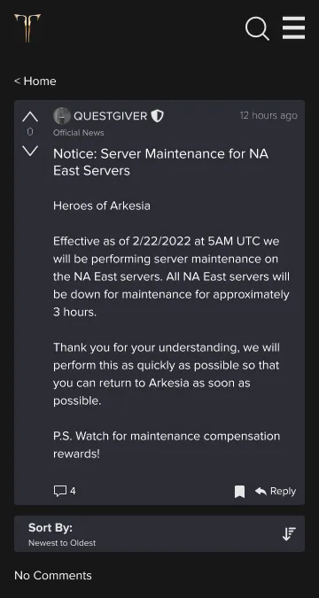 A published post about server maintenance, with reply and bookmark actions and no comments yet.