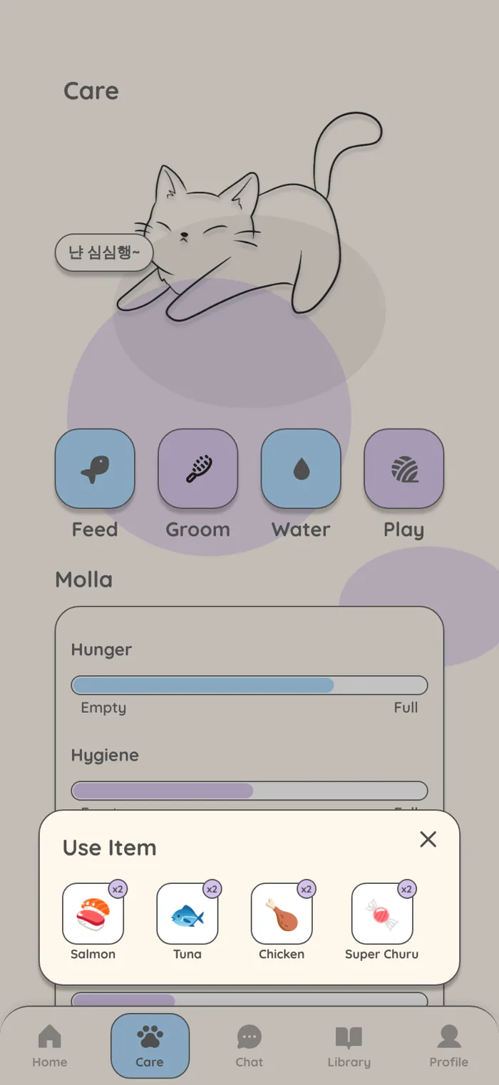Care screen with Molla the cat, Feed, Groom, Water and Play buttons, and a Use Item sheet offering salmon, tuna, chicken and Super Churu.