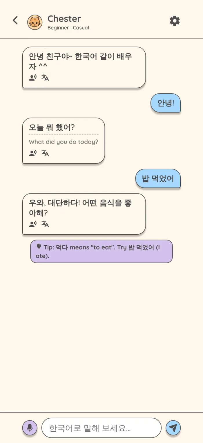 Conversation with Chester in Korean, with an English translation under one message, a grammar tip, and a message box at the bottom.