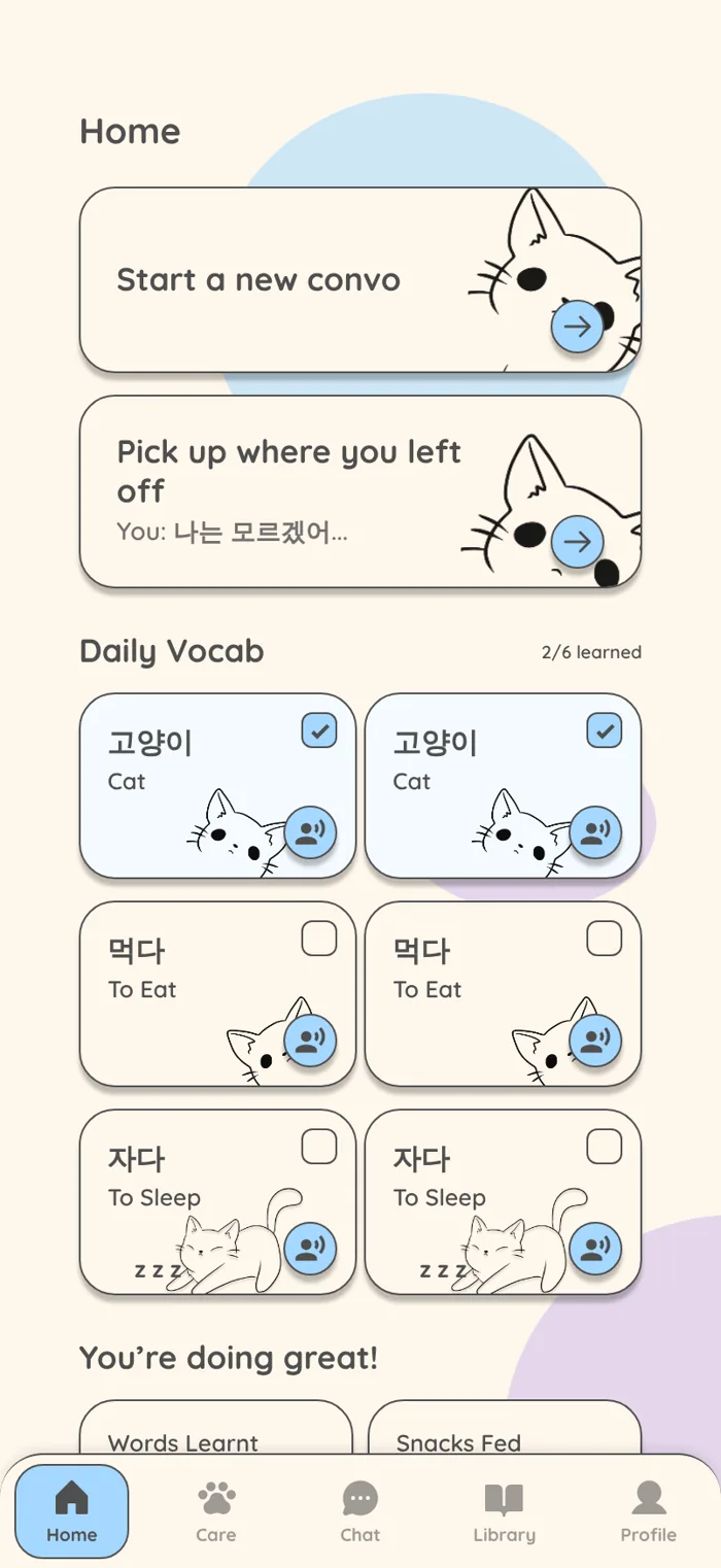 Home screen with Start a new convo and Pick up where you left off cards, and a Daily Vocab grid of Korean words such as 고양이 (cat) with checkboxes and audio buttons.
