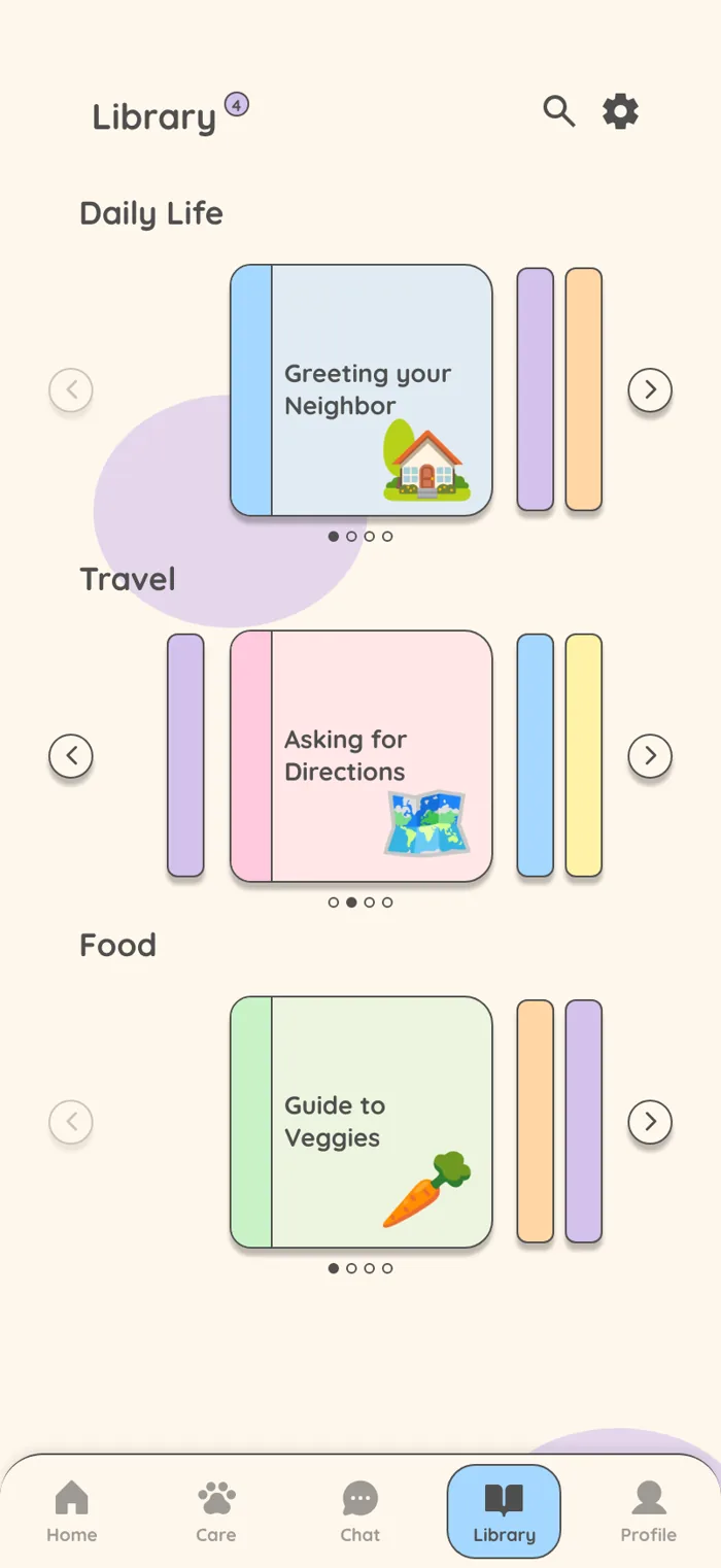 Library screen with shelves for Daily Life, Travel and Food, each showing a colored lesson book between book spines and arrow buttons.