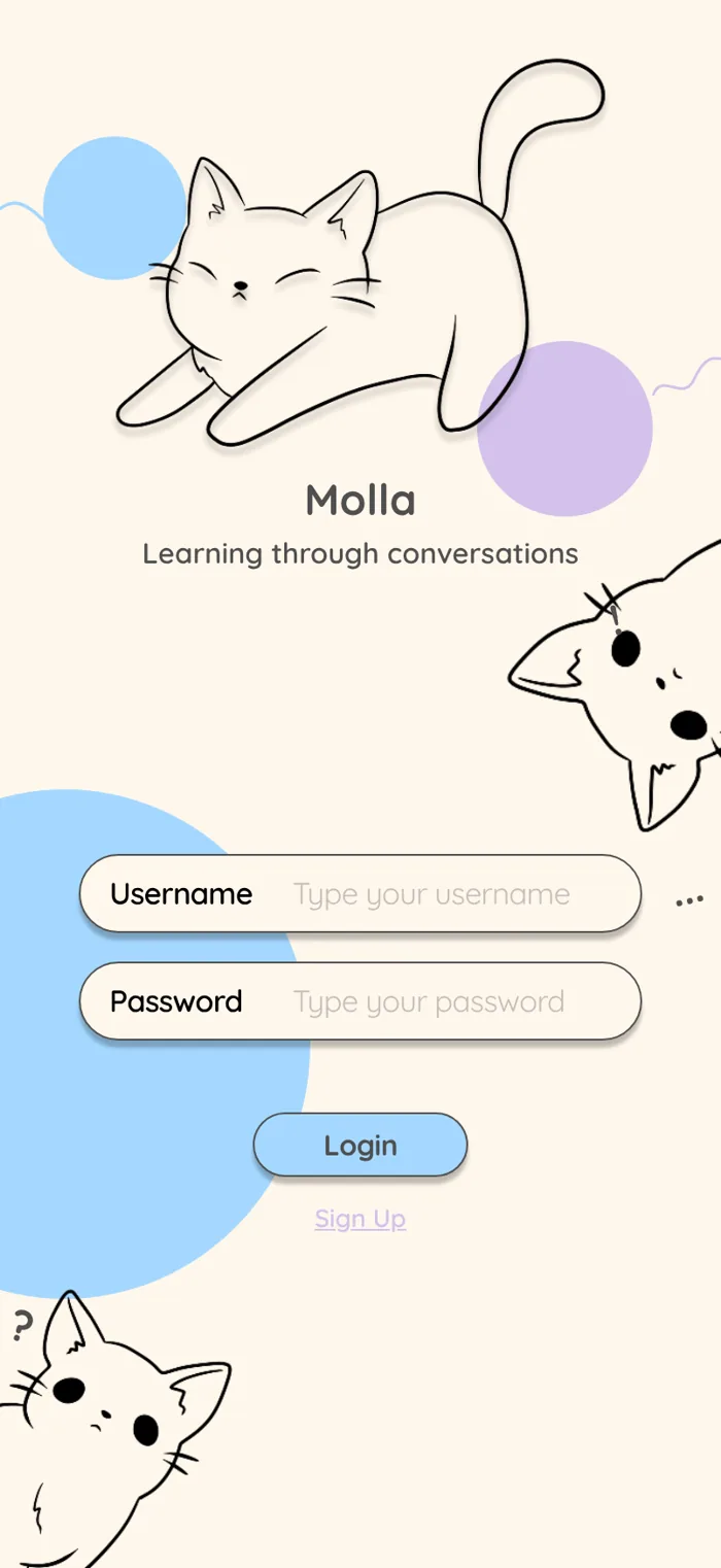 Login screen: a line-art cat stretching above the Molla name, with username and password fields, a pastel blue Login button and cats peeking in from the edges.