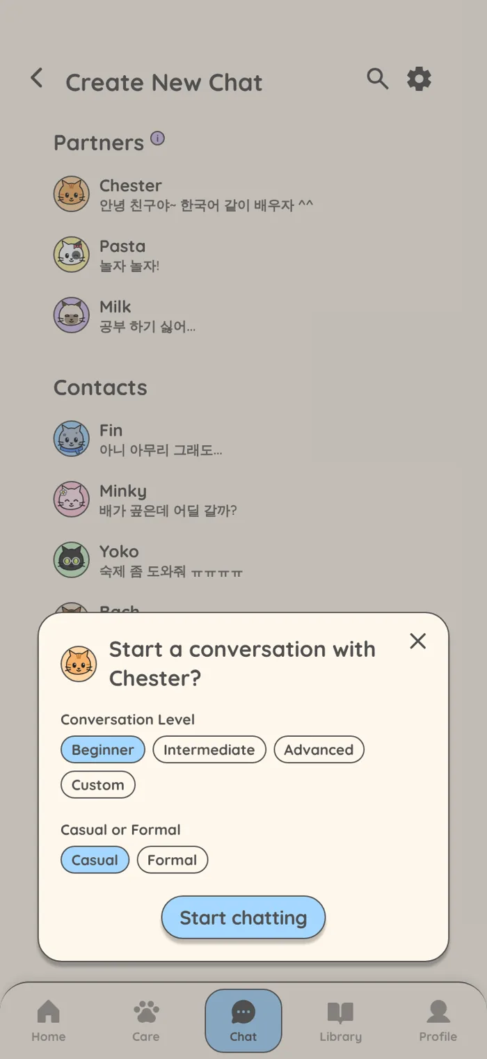 Create New Chat screen listing cat partners and friends, with a sheet to start a conversation with Chester and pick the level and casual or formal tone.
