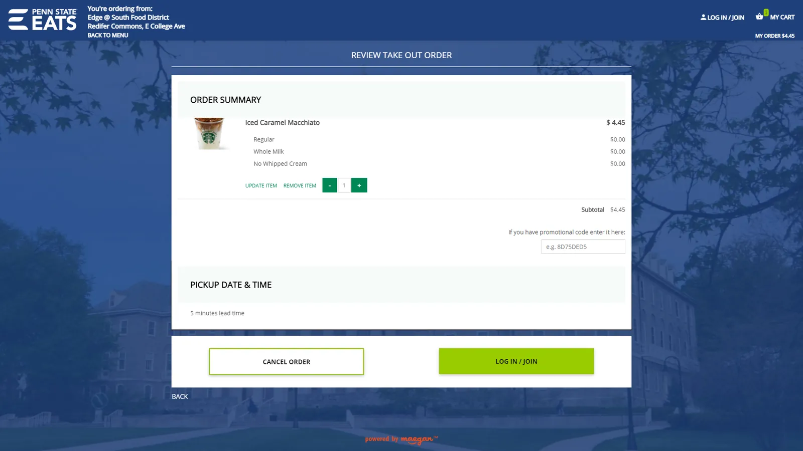 Review take-out order page with the order summary, pickup date and time, and Cancel and Place Order buttons.