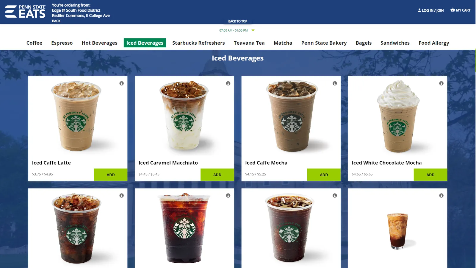 Ordering page for a Starbucks location with category tabs and a grid of iced drinks, each with a price and an Add button.